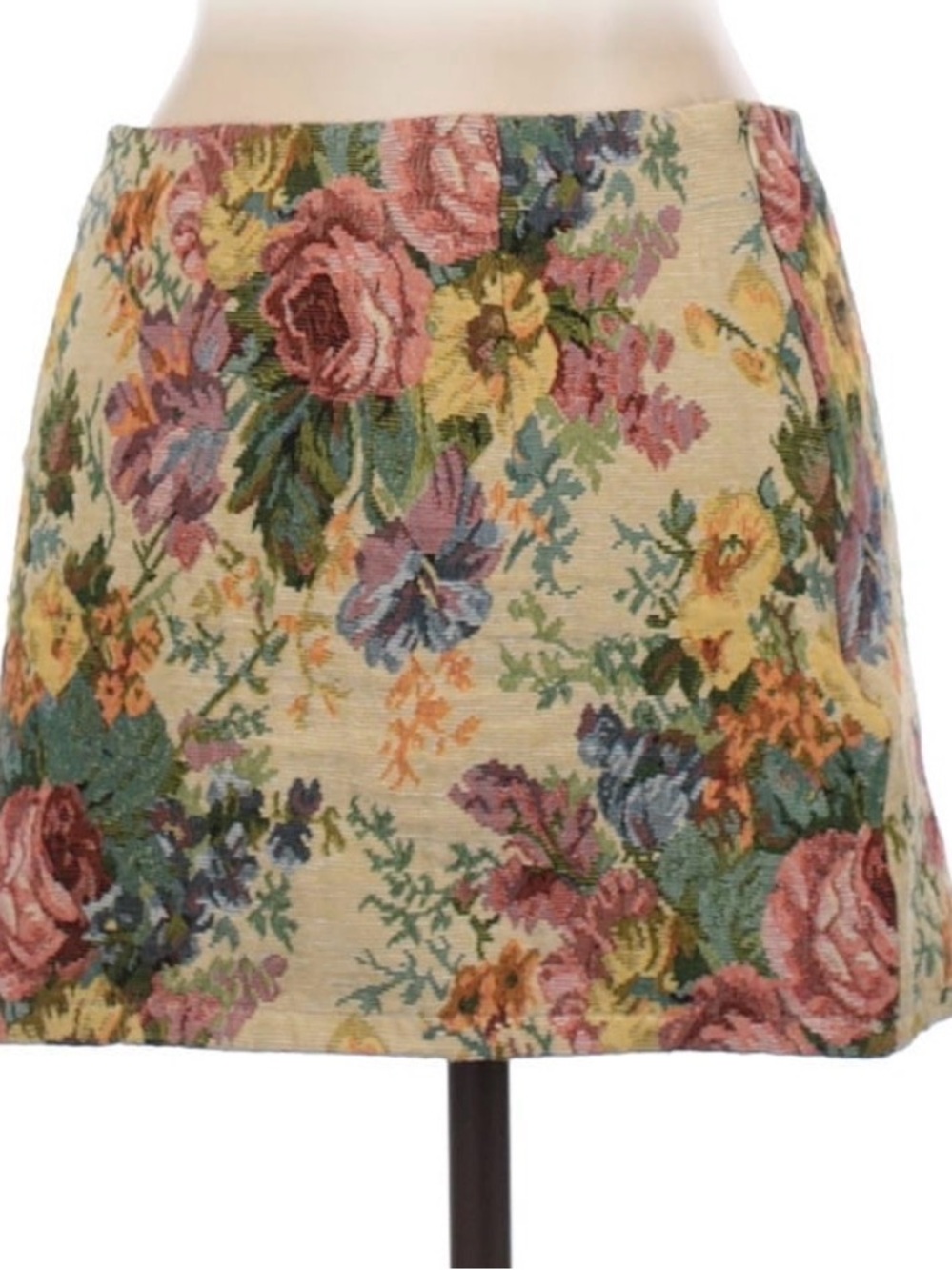 Cider Floral Tapestry Mini Skirt - Beige with Pink, Green, Blue, Yellow